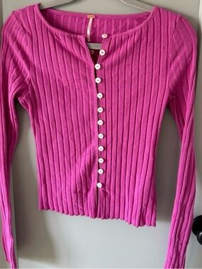 Free People Hot Pink Ribbed Button-Up Long Sleeve Top
